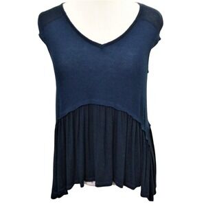 Anama Womens Navy Blue‎ Mixed Media Peplum Cap Sleeve V-Neck Top Small